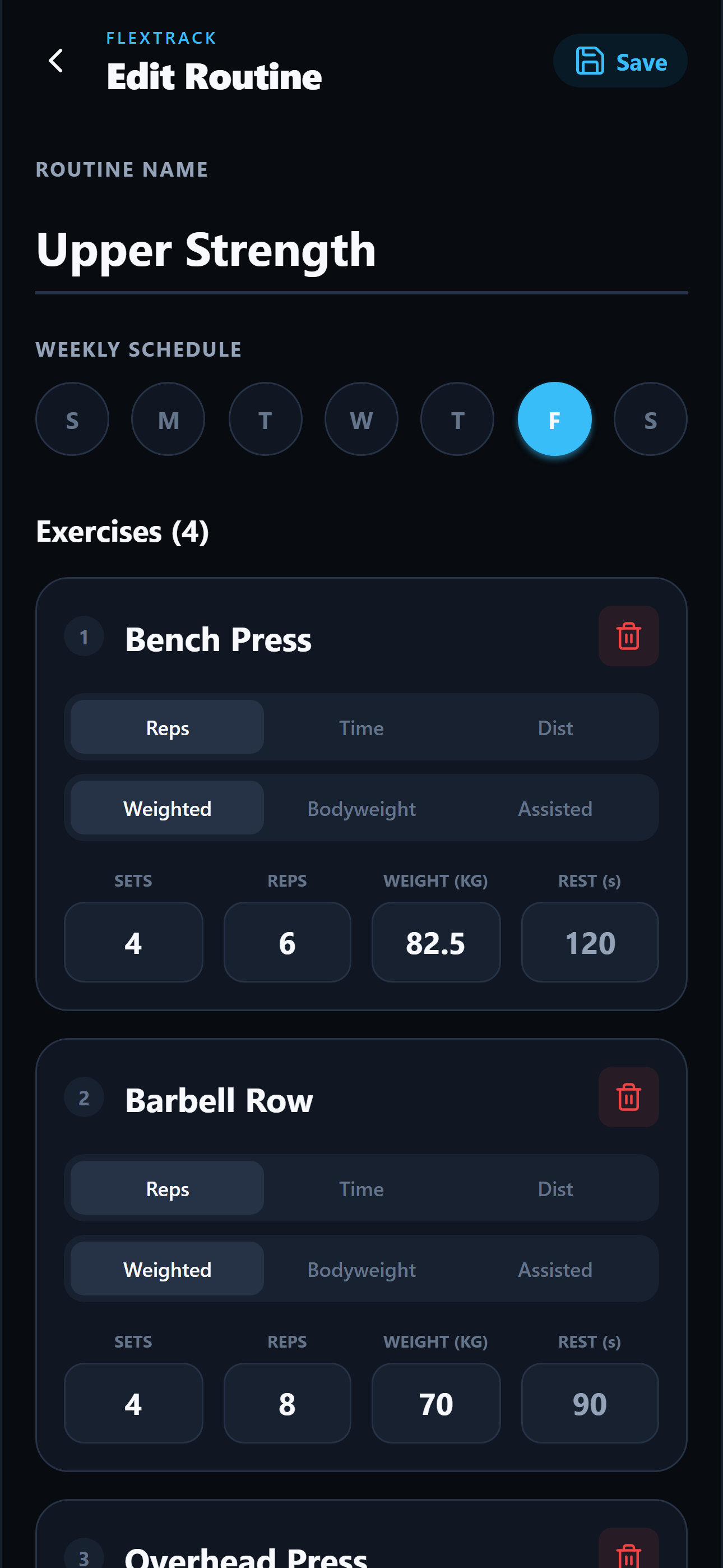 FlexTrack routine editor for an Upper Strength routine, with a weekly schedule and per-exercise sets, reps, weight, and rest fields