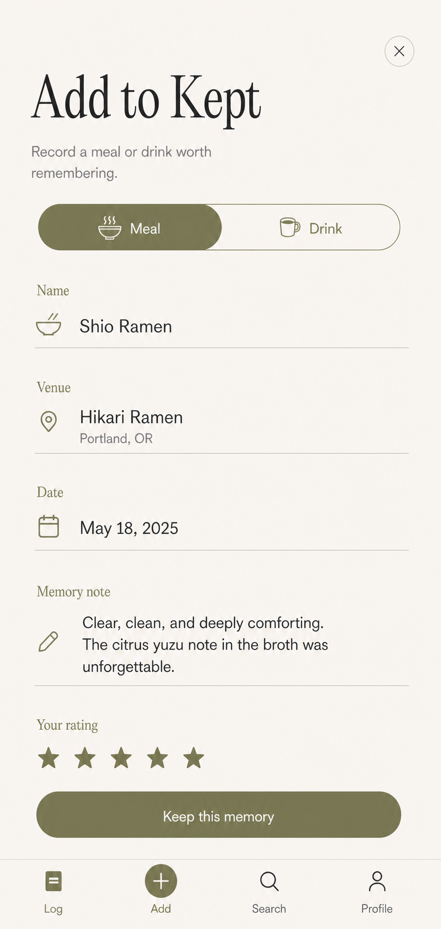 Kept add-entry screen with meal details, venue, memory note, and rating