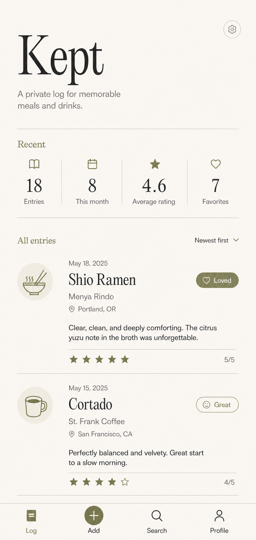 Kept mobile log showing memorable meals and drinks in a warm editorial layout