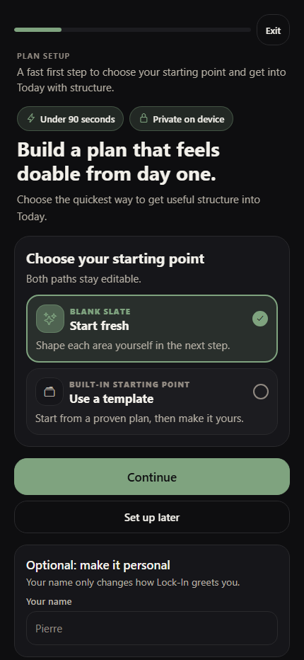 Locked-In plan setup screen offering a blank plan or built-in starting point