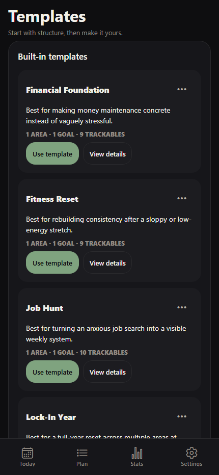Locked-In mobile screen listing structured starting templates for personal plans