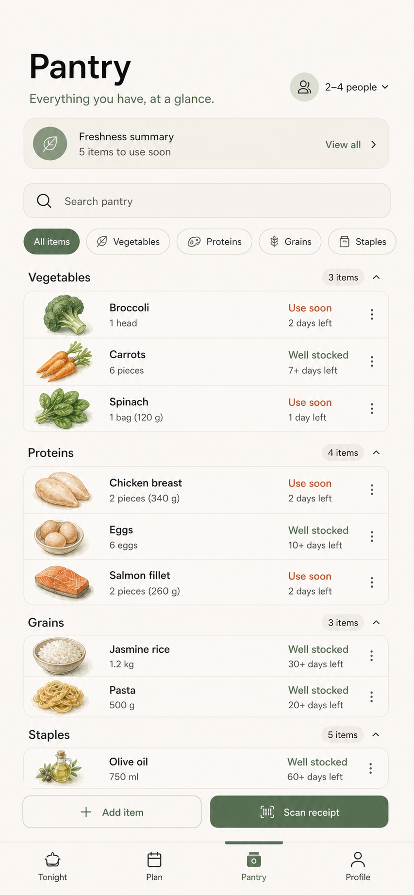 Mise pantry inventory grouped by category with quantities and freshness states