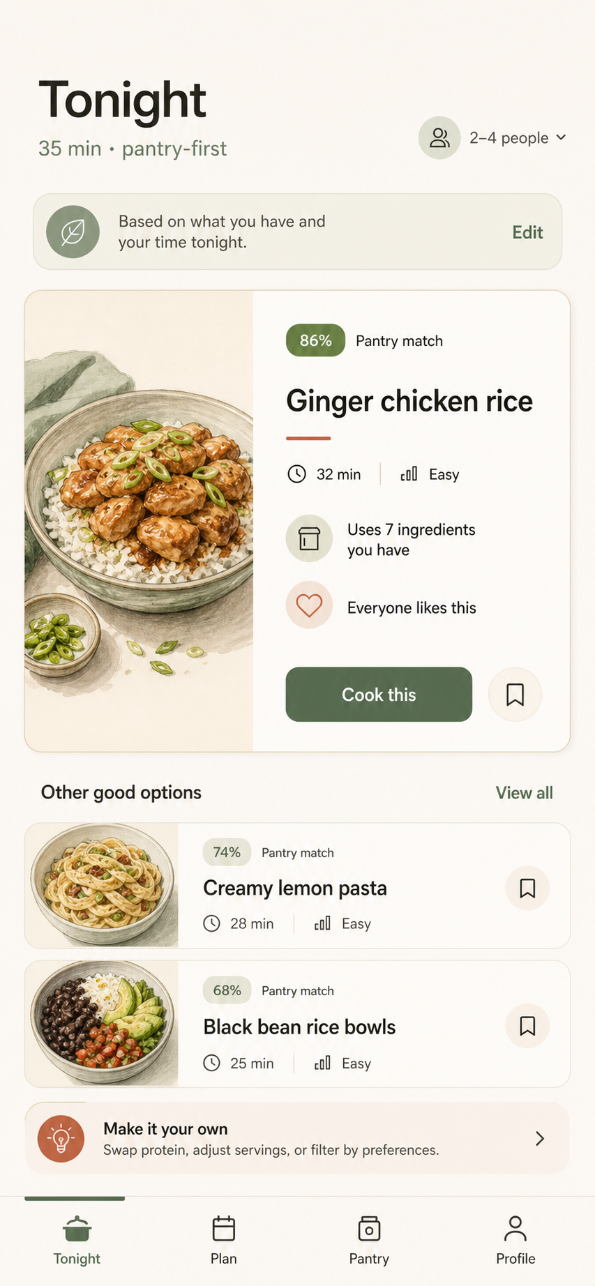 Mise Tonight screen recommending ginger chicken rice from pantry and time constraints