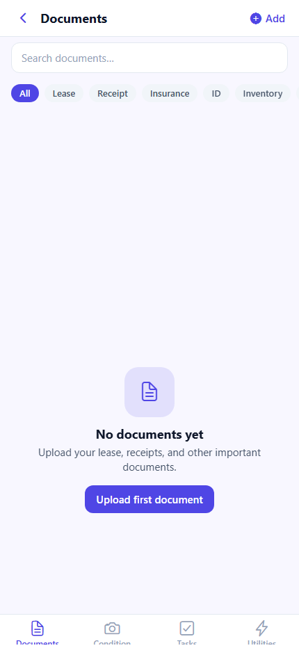MoveIn documents screen listing a lease and receipts filed under one move, with no account or cloud sync