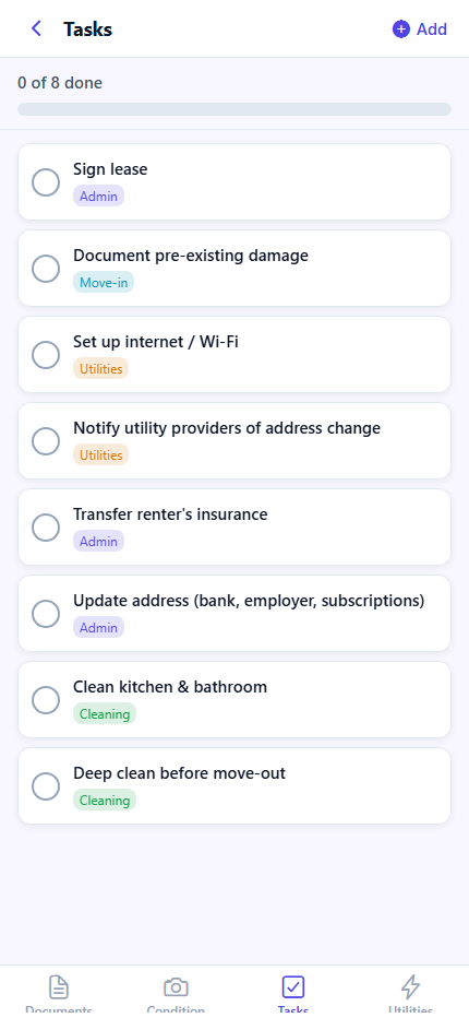 MoveIn task list reading zero of eight done, with tasks tagged Admin, Move-in, Utilities, and Cleaning
