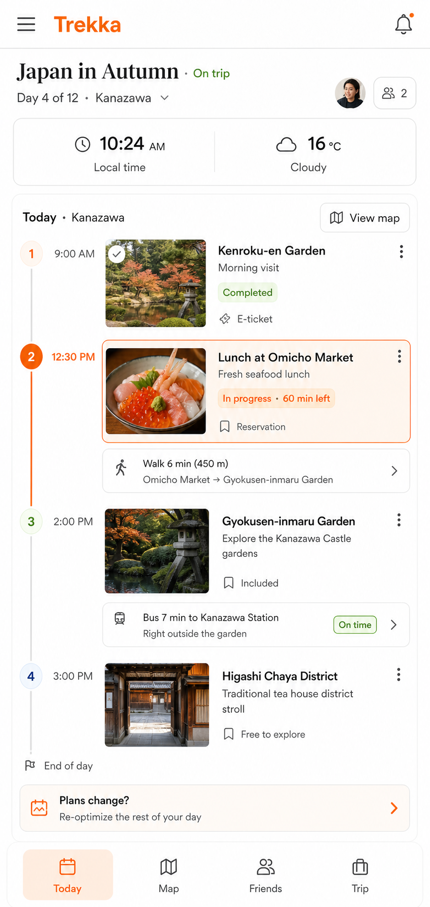 Trekka mobile live itinerary showing the current activity, next stops, directions, and bookings
